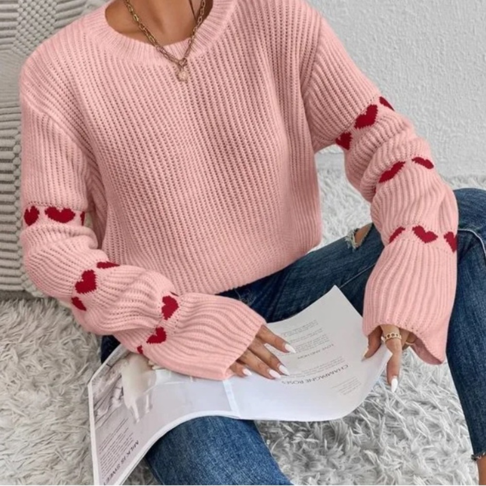 Pink Preppy Womens Heart Pattern Flounce Sleeve Sweater